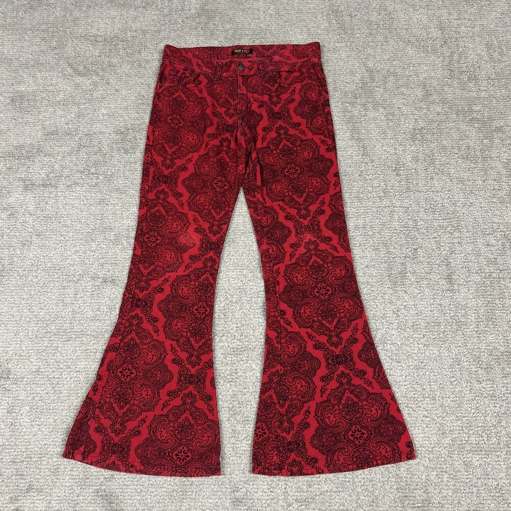 Run & Fly Corduroy Bell Bottoms Pants 70s Mens 30 Short Red Black Boho Cotton